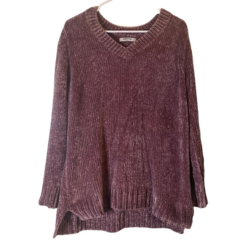 Orvis Ladies Chenille Tunic Sweater Mauve Pink V-Neck Soft Oversized